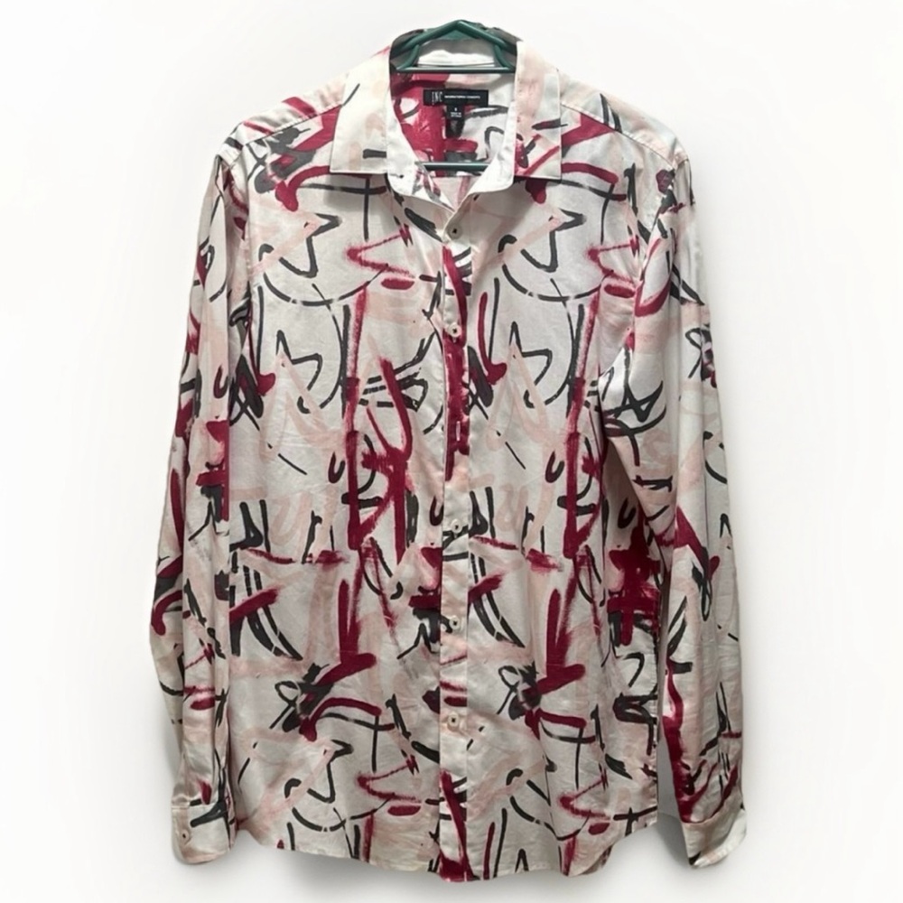 $15 SALE INC Button Down Print Shirt Mens S Long‎ Sleeves Pink Gray Casual - Picture 2 of 10